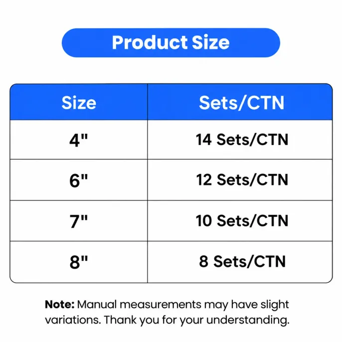 Wholesale Dog Boots Size Options and Carton Quantities Wholesale dog boots size chart showing 4 inch 14 sets per carton, 6 inch 12 sets, 7 inch 10 sets, and 8 inch 8 sets.