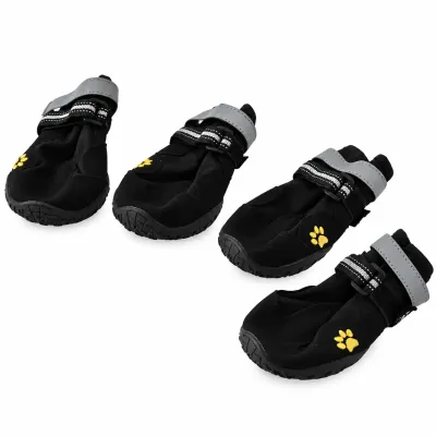 Four Piece Black Protective Dog Boots for Outdoor Paw Protection Set of four black dog boots with reflective gray straps, adjustable closures, non slip textured soles and yellow paw embroidery displayed on a white background.