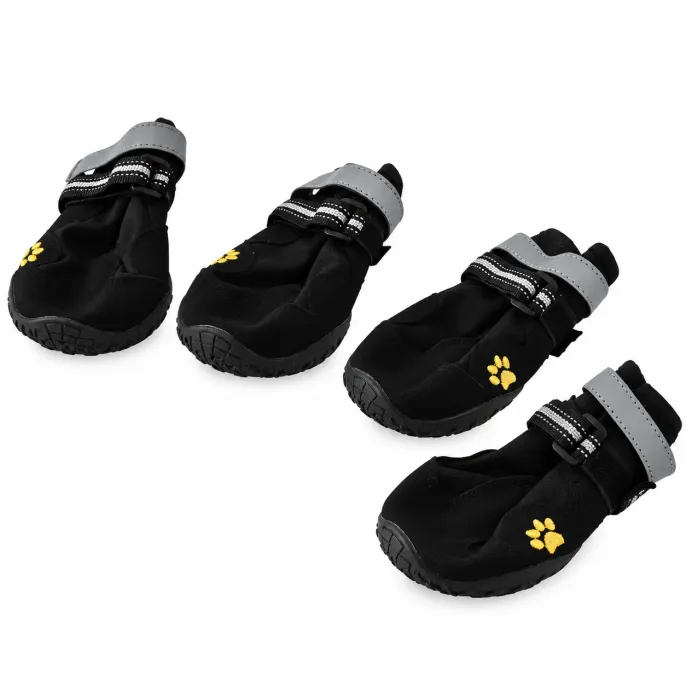 Four Piece Black Protective Dog Boots for Outdoor Paw Protection Set of four black dog boots with reflective gray straps, adjustable closures, non slip textured soles and yellow paw embroidery displayed on a white background.