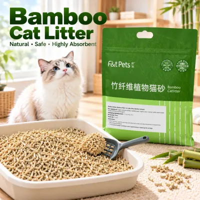 Natural bamboo fiber cat litter with clumping pellets in a litter box, a fluffy cat, green 6L packaging and a litter scoop in a cozy home setting.