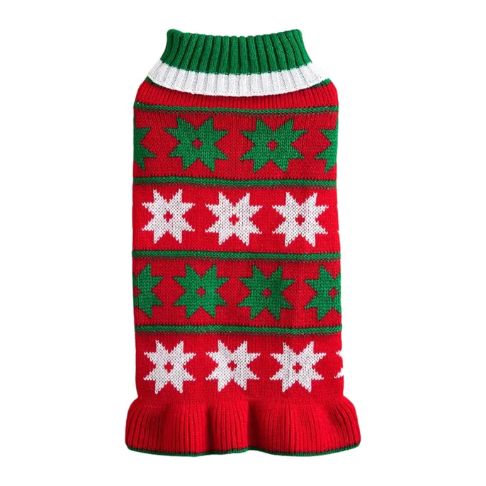 Festive Snowflake Knitted Christmas Pet Sweater for Winter Front-facing product display of a red and green Christmas pet sweater with white snowflake motifs, ribbed green collar and ruffled red hem on a white background.