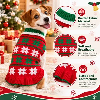 Soft Breathable Christmas Dog Sweater with Stretchy Knit Fabric Small dog wearing a Christmas knitted sweater with close-up details highlighting soft breathable fabric, ribbed collar and stretchy hem.