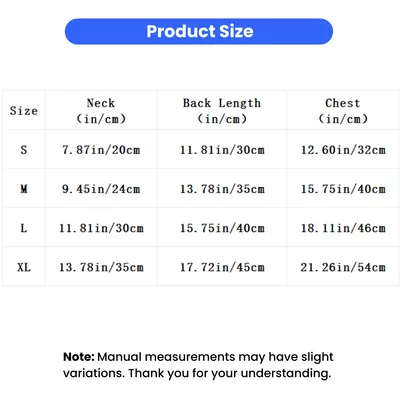 Christmas Pet Sweater Size Chart for Small Dogs and Cats Christmas pet sweater size chart showing S, M, L and XL measurements for neck circumference, back length and chest circumference in inches and centimeters.