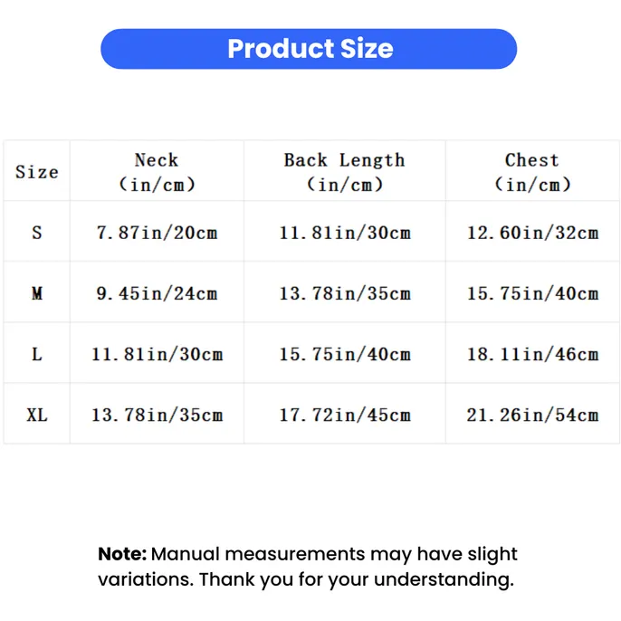 Christmas Pet Sweater Size Chart for Small Dogs and Cats Christmas pet sweater size chart showing S, M, L and XL measurements for neck circumference, back length and chest circumference in inches and centimeters.