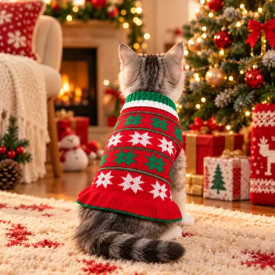 Festive Christmas Cat Sweater with Snowflake Knitted Design Gray and white cat wearing a red and green knitted Christmas sweater with snowflake patterns beside a decorated Christmas tree.