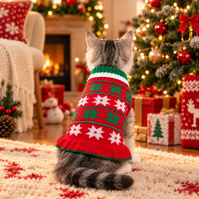 Festive Christmas Cat Sweater with Snowflake Knitted Design Gray and white cat wearing a red and green knitted Christmas sweater with snowflake patterns beside a decorated Christmas tree.