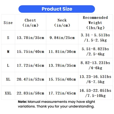 Christmas pet hoodie size chart showing S to XXL with chest measurements from 35 to 58 cm, neck measurements from 25 to 45 cm and recommended pet weights.