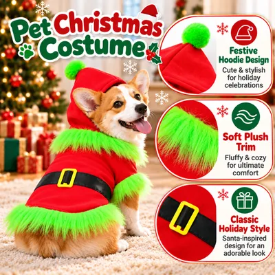 Corgi wearing a red Christmas pet hoodie with green plush trim, featuring festive hood design, fluffy accents and Santa-inspired belt details.