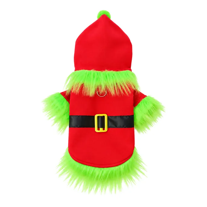 Back view of a red Christmas pet hoodie with green fluffy collar, sleeve cuffs, pom pom hood and black belt with yellow buckle on white background.