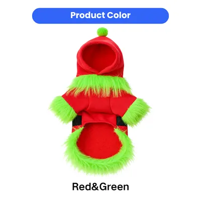 Red and green Christmas pet hoodie displayed flat with pointed hood, green pom pom, fluffy sleeve cuffs and plush hem trim.