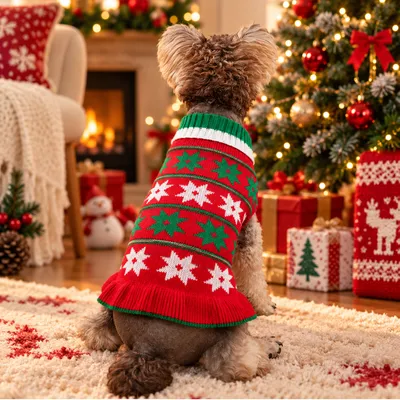 Christmas Dog Sweater for Holiday Parties and Winter Wear Small brown dog wearing a red and green Christmas knitted sweater while sitting beside a decorated Christmas tree and holiday gifts.