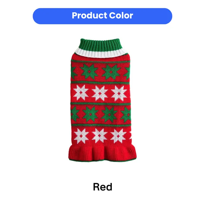 Red Christmas Pet Sweater with Green and White Snowflake Pattern Red Christmas knitted pet sweater featuring green and white snowflake patterns, a green ribbed neckline and a red ruffled hem.