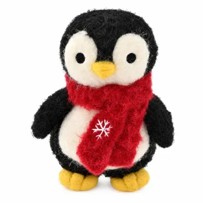 Christmas Felt Penguin Figurine with Red Scarf Black and white felt penguin figurine wearing a red Christmas scarf with white snowflake embroidery