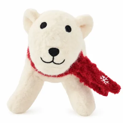 White felt polar bear figurine wearing a red Christmas scarf with embroidered white snowflake detail