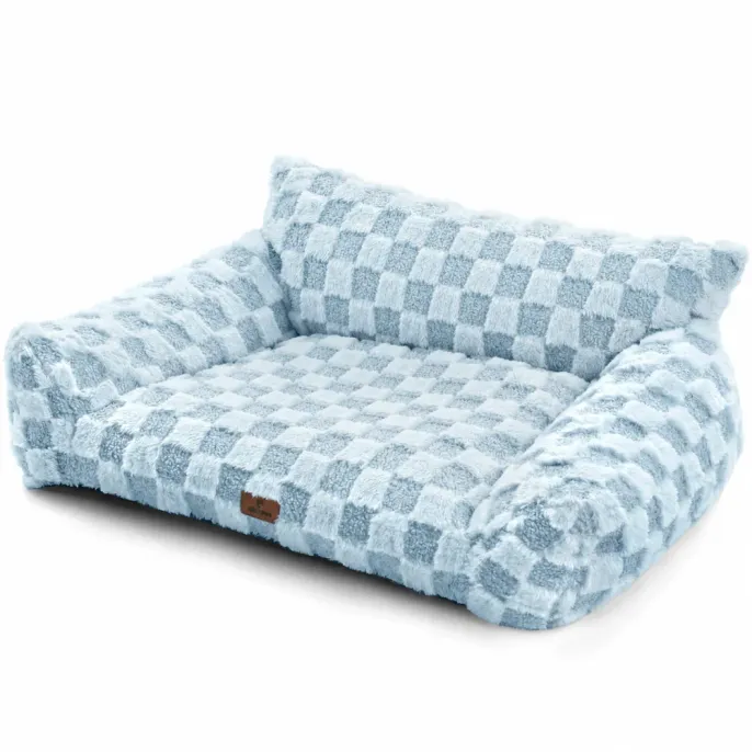 Light Blue Fluffy Pet Sofa Bed with Padded Bolsters Light blue fluffy dog and cat sofa bed with a checkered plush surface, raised padded bolsters and a spacious rectangular cushion.