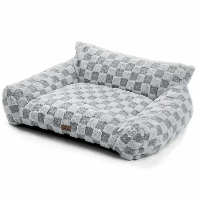Gray Plush Dog and Cat Sofa Bed with Checkered Fabric Gray checkered plush pet sofa bed with soft fleece fabric, thick raised sides and a cushioned sleeping surface for dogs and cats.