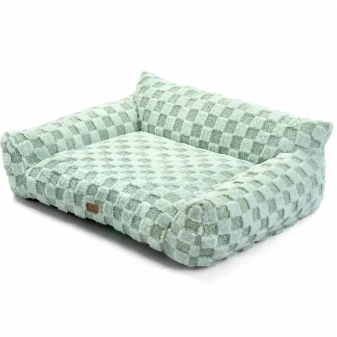 Mint Green Plush Dog Sofa Bed with Checkered Design Mint Green Plush Dog Sofa Bed with Checkered Design