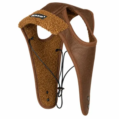 Brown sherpa fleece dog harness with soft plush lining, adjustable elastic cord and comfortable vest design on white background