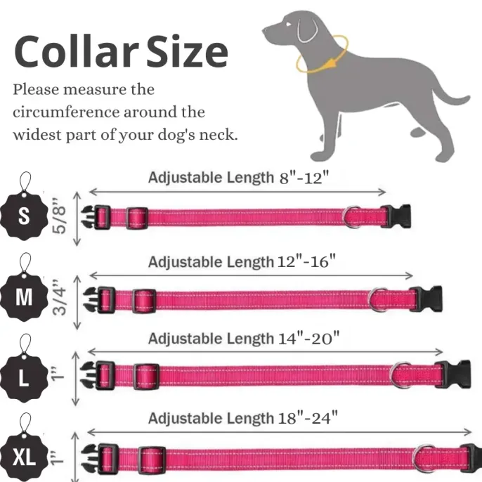 Adjustable Dog Collar Size Chart for Small to Large Dogs Adjustable dog collar size chart showing S to XL sizes, neck measurements, collar widths and pink nylon collars with quick release buckles.