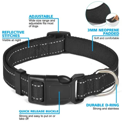 Reflective Padded Dog Collar with Adjustable Neoprene Lining Black reflective dog collar with 3mm neoprene padding, adjustable nylon strap, reflective stitching, quick release buckle and metal D-ring.