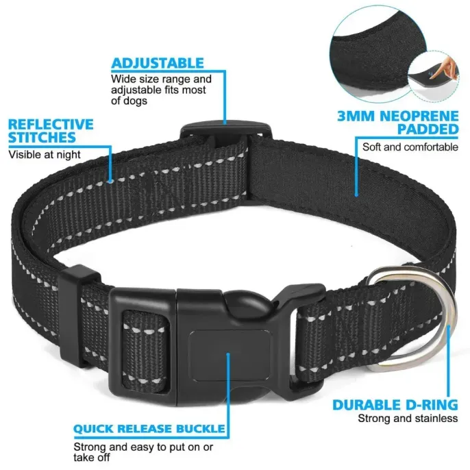 Reflective Padded Dog Collar with Adjustable Neoprene Lining Black reflective dog collar with 3mm neoprene padding, adjustable nylon strap, reflective stitching, quick release buckle and metal D-ring.
