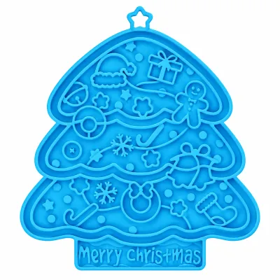 Blue Christmas Tree Silicone Lick Mat for Dogs and Cats Blue Christmas tree shaped silicone pet lick mat featuring raised snowflakes, gingerbread men, gift boxes and festive patterns on a white background.