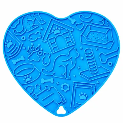 Blue Heart Shaped Silicone Pet Lick Mat with Textured Design Blue heart shaped silicone pet lick mat with raised dog bones, paw prints, pet bowls and other textured patterns on a white background.