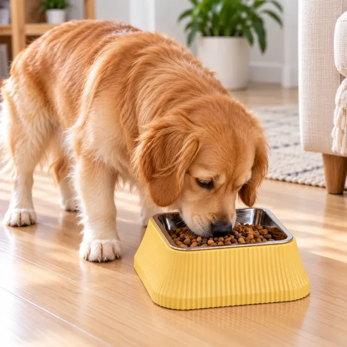 Yellow Square Elevated Stainless Steel Dog Bowl with Ribbed Base Golden Retriever eating dry kibble from a yellow square elevated stainless steel dog bowl with a ribbed base on a wooden living room floor.