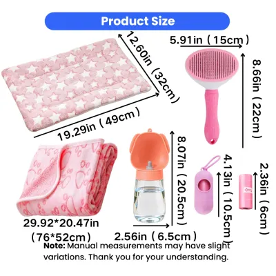 Puppy Starter Kit Blanket Grooming Brush and Accessories Size Guide Size chart showing a pink star pet mat, paw print blanket, grooming brush, portable dog water bottle, poop bag dispenser and waste bags.