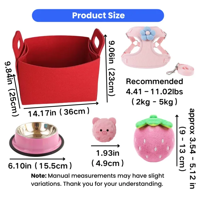 Puppy Starter Kit Dog Harness Bowls Toys and Storage Size Chart Product size chart showing a red felt storage basket, pink small dog harness with leash, stainless steel feeding bowl, pig plush toy and strawberry dog toy.