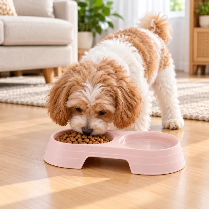 Pink Double Dog Food and Water Bowl for Small Dogs Small brown and white fluffy dog eating dry kibble from a pink double dog bowl with a separate water compartment on a wooden floor in a bright living room.