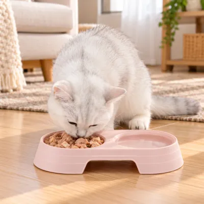 Pink Double Cat Food and Water Bowl for Indoor Feeding Fluffy white cat eating wet cat food from a pink double pet bowl with a separate water compartment on a wooden floor in a cozy living room.