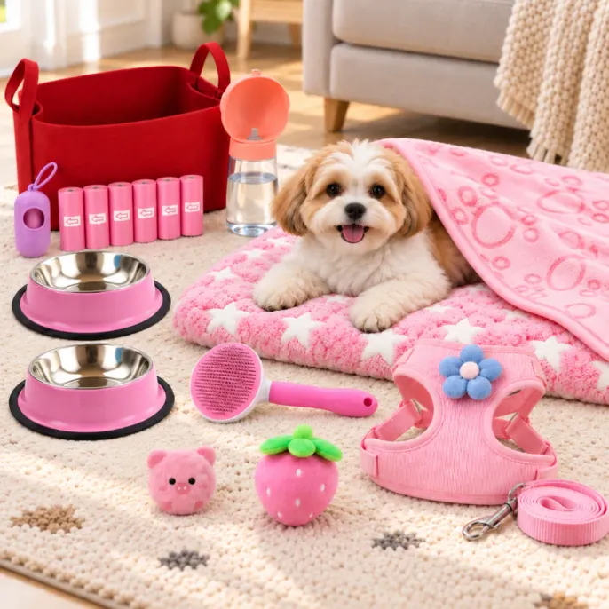 Small Dog Resting on Pink Pet Mat with Puppy Essentials Kit Small fluffy dog resting on a pink star mat under a paw print blanket, surrounded by pink dog bowls, toys, harness, leash and grooming accessories in a living room.
