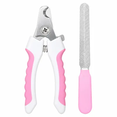 Pet Nail Clipper and File Set with Ergonomic Non Slip Handle Pink and white pet nail clipper with stainless steel blades, spring-loaded handles, and a matching metal nail file displayed on a white background.