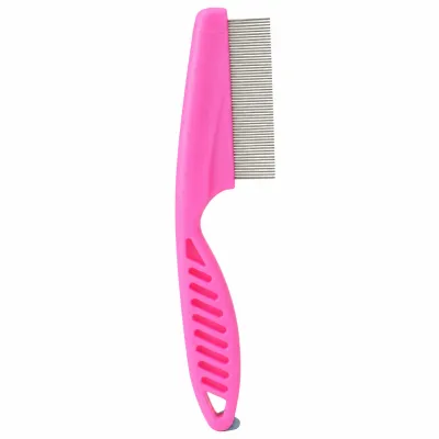 Pink Stainless Steel Fine Tooth Pet Grooming Comb Pink fine tooth pet grooming comb with stainless steel teeth and an ergonomic non-slip handle, displayed on a white background for dog and cat grooming.