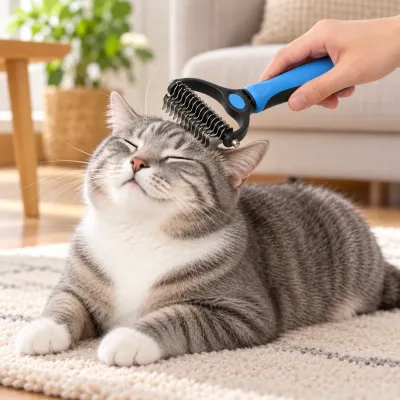 Cat Grooming with Double Sided Pet Dematting Rake Gray tabby cat relaxing on a rug while being groomed with a blue and black pet dematting rake featuring curved stainless steel teeth for coat care.