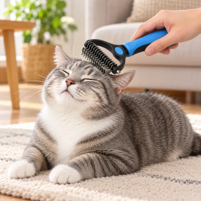 Cat Grooming with Double Sided Pet Dematting Rake Gray tabby cat relaxing on a rug while being groomed with a blue and black pet dematting rake featuring curved stainless steel teeth for coat care.