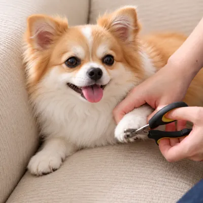 Dog Nail Clippers for Small Dogs with Ergonomic Handles Pet owner trimming a small fluffy dog's nails with black and yellow handled dog nail clippers while the dog rests on a beige sofa at home.
