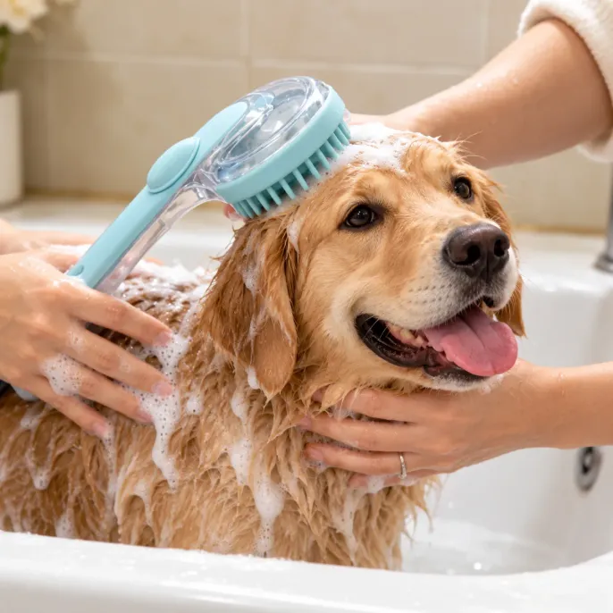 Silicone Dog Bath Brush for Shampooing and Grooming Golden Retriever enjoying a bath while being gently scrubbed with a blue silicone dog bath brush and shampoo foam in a bathtub.