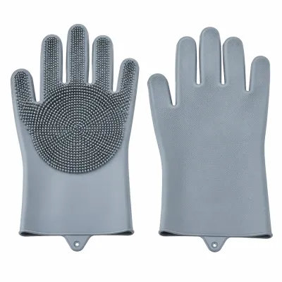 Gray double sided silicone pet grooming glove showing soft massage bristles on one side and a textured surface on the other, designed for dog and cat grooming.