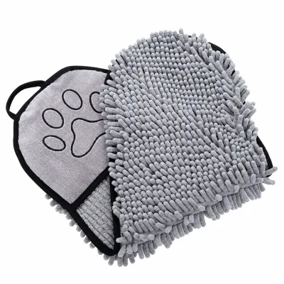 Gray chenille pet drying towel with soft microfiber noodles, paw print embroidery, black trim and hanging loop on a white background.