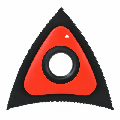 Black and red triangular pet hair remover scraper with serrated edges and a circular finger grip, displayed on a white background.