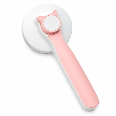 Cat Ear Pet Grooming Brush for Dogs and Cats Pink and white pet grooming brush with a round brush head, cute cat ear design and long ergonomic handle on a white background.