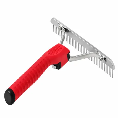 Stainless Steel Pet Dematting Rake for Dogs and Cats Red handle stainless steel pet dematting rake with dual rows of metal comb teeth and a textured non-slip grip for dog and cat coat grooming.