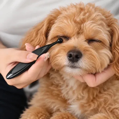 Pet owner using a black handled eye cleaning tool near a small brown poodle's eye during a gentle at-home facial grooming session.