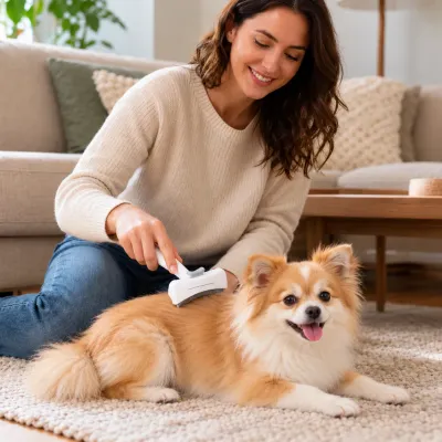 Woman grooming a small fluffy brown and white dog with a white deshedding brush featuring a metal comb edge while the dog rests on a beige rug in the living room.
