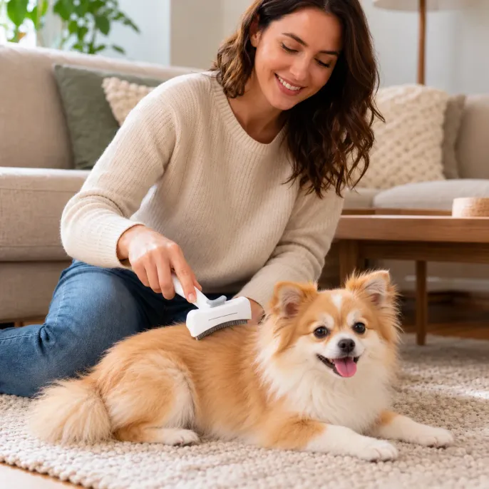 Woman grooming a small fluffy brown and white dog with a white deshedding brush featuring a metal comb edge while the dog rests on a beige rug in the living room.