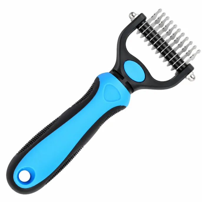 Double Sided Pet Dematting Rake with Ergonomic Handle Blue and black double sided pet dematting rake with curved stainless steel teeth, a non-slip ergonomic handle, and a hanging hole for dog and cat grooming.