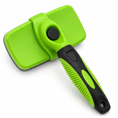 Self Cleaning Pet Slicker Brush for Dogs and Cats Green and black pet grooming slicker brush with a rectangular brush head, self-cleaning button, ergonomic non-slip handle and hanging hole on a white background.