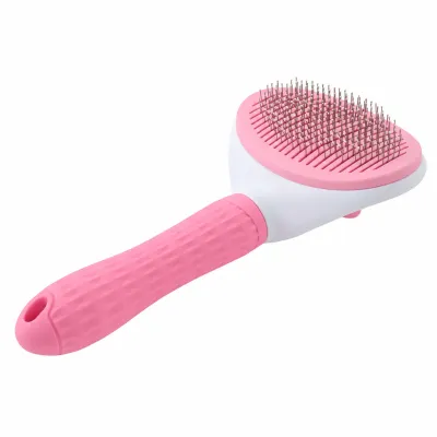 Pink Self Cleaning Pet Slicker Brush with Stainless Steel Pins Pink and white pet grooming slicker brush with fine stainless steel pins, ergonomic textured handle, and self cleaning button on a white background.